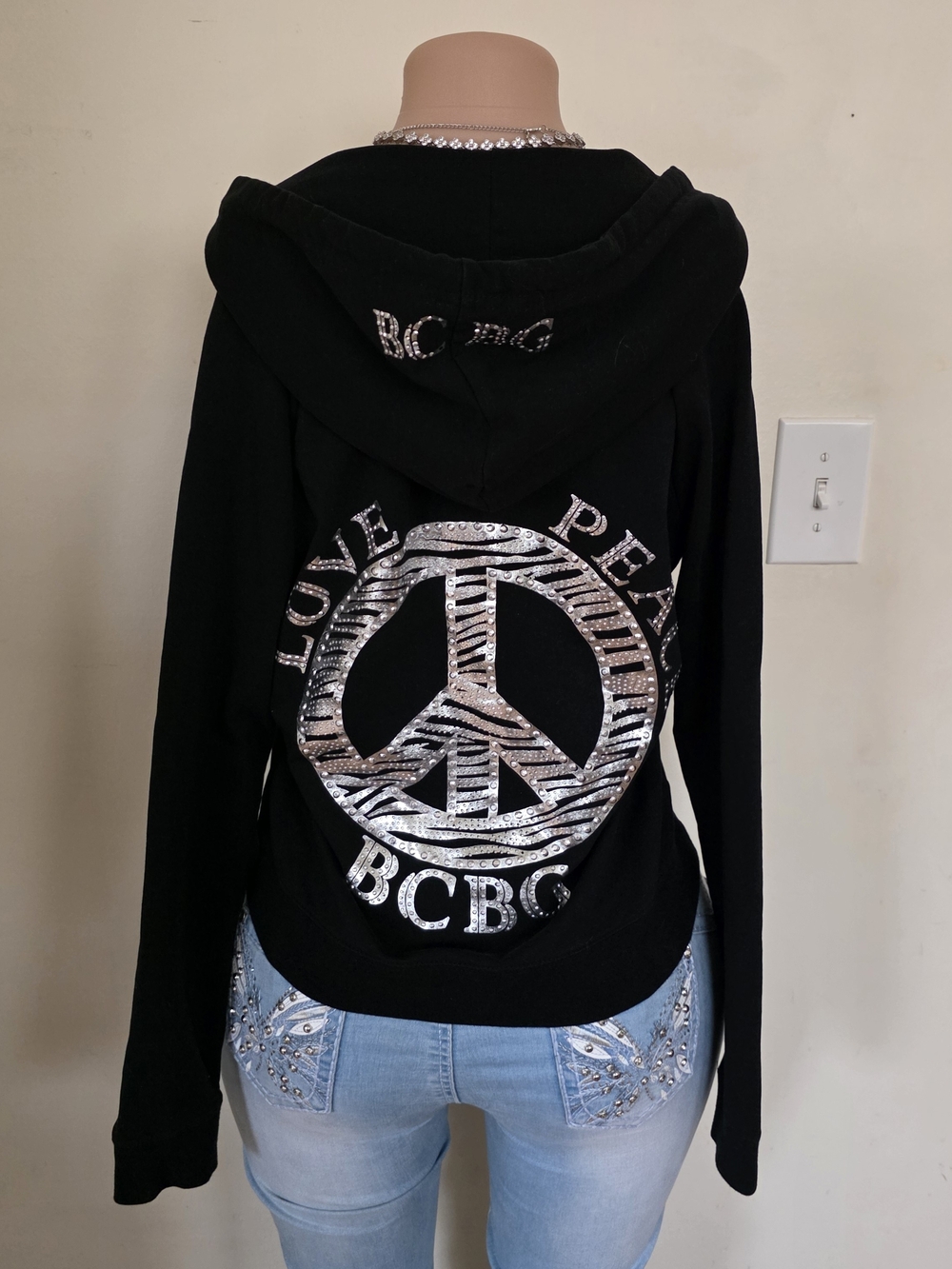 BCBGMaxAzria Black Hoodie with Silver Sequin Peace Design